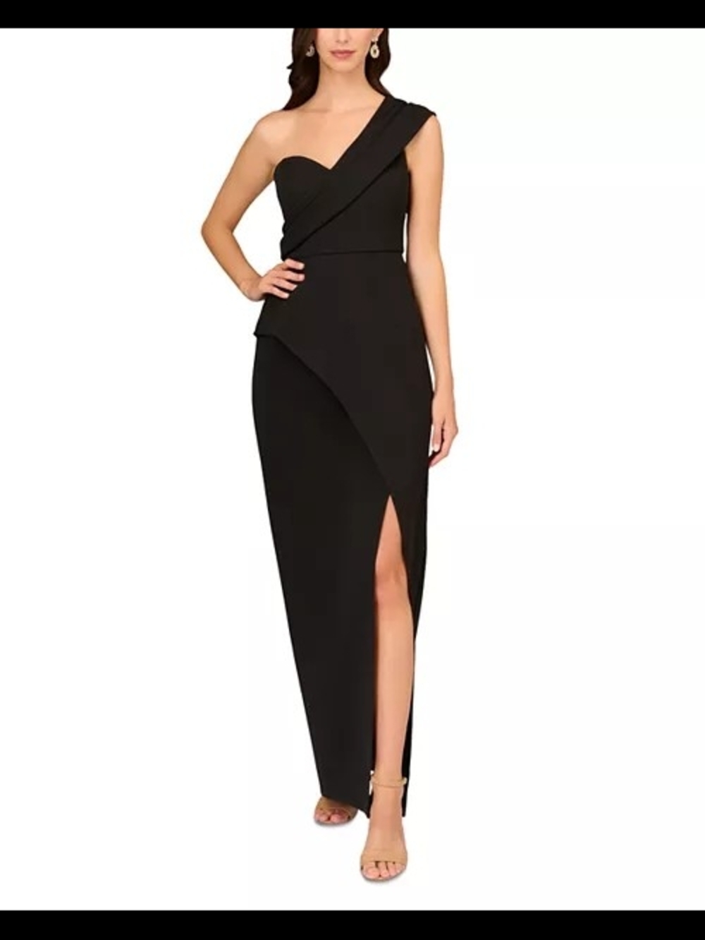 Aidan Mattox Black One-Shoulder Draped Evening Gown